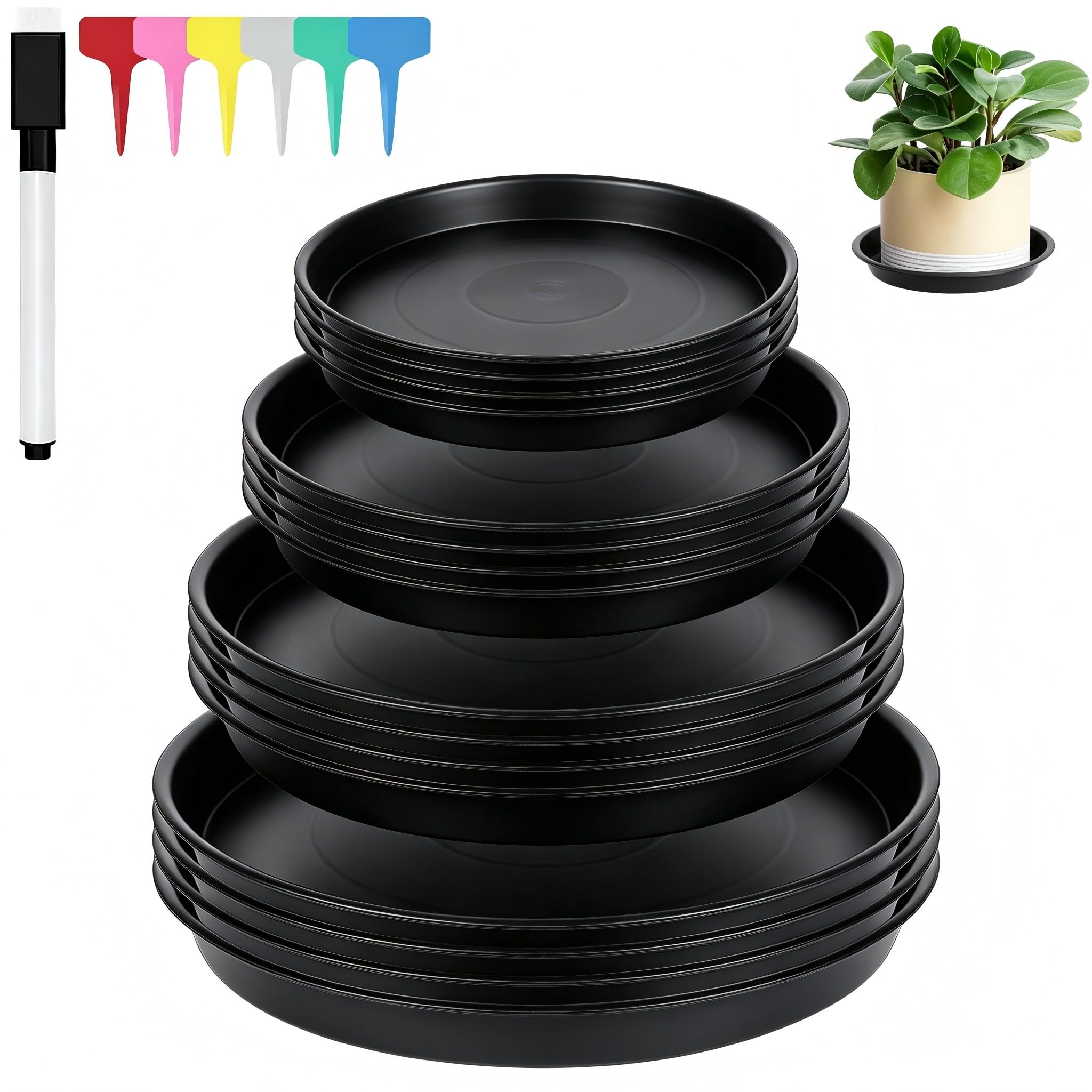 Fourindo 16 Pcs Plant Saucers, 11/15/17/20cm Round Plastic Flower Plant Pot Saucer (Black)