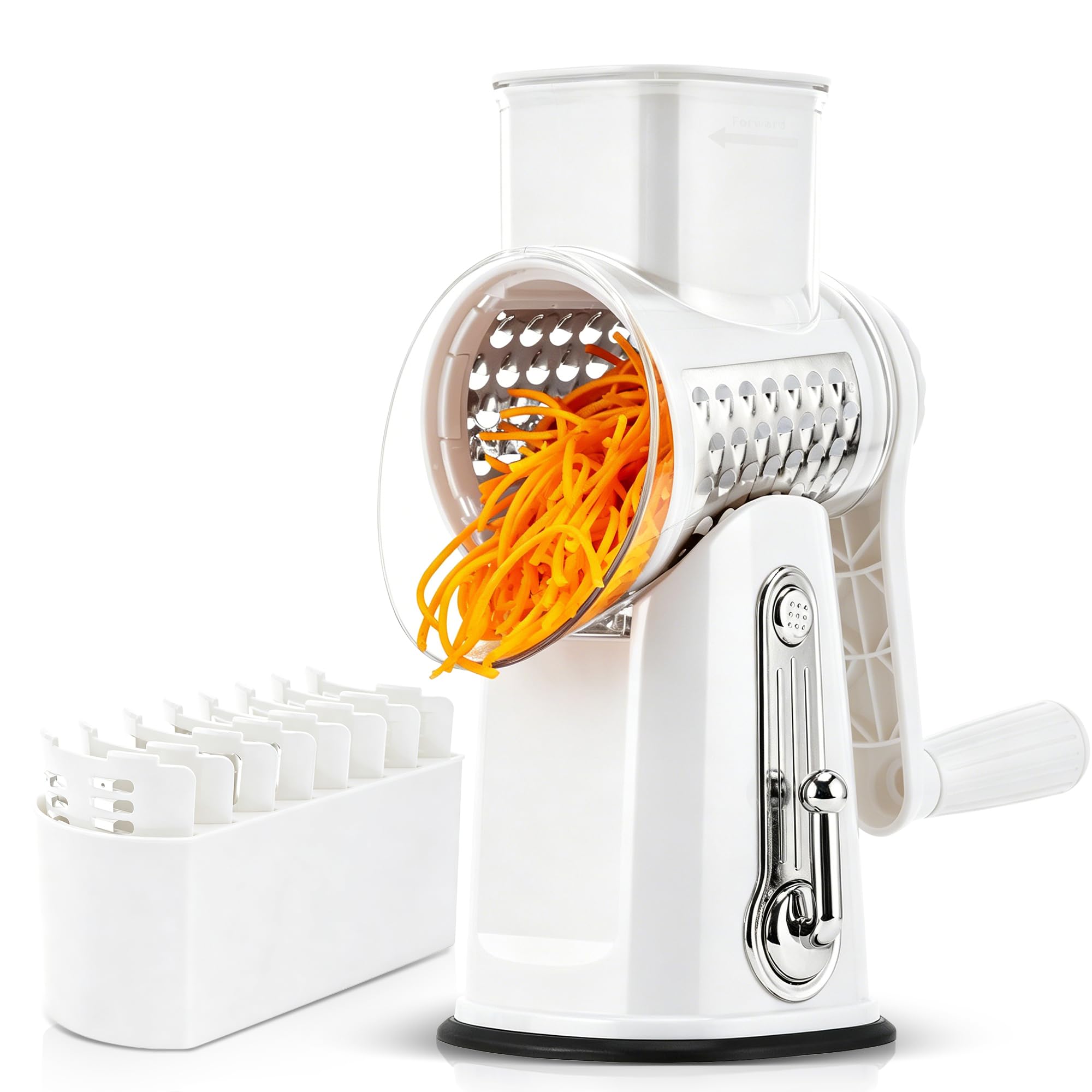 SUSTEAS Rotary Cheese Grater,Vegetable Slicer with 5 Interchangeable Blades,Strong Suction Base,Rotary Drum Grater&Food Shredder for Kitchen,with Blade Storage Box-Ideal for Cheese,Cucumber,Carrot,Nut