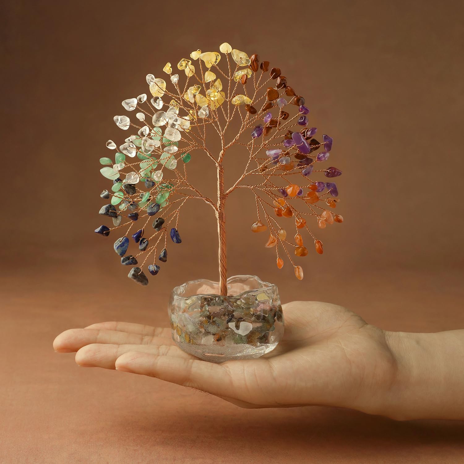 7 cristalli Chakra, albero della vita con base in vetro, pietra preziosa in 147 pietre naturali, circa 16-17 cm, decorazione in cristallo Feng Shui e regalo spirituale, per casa