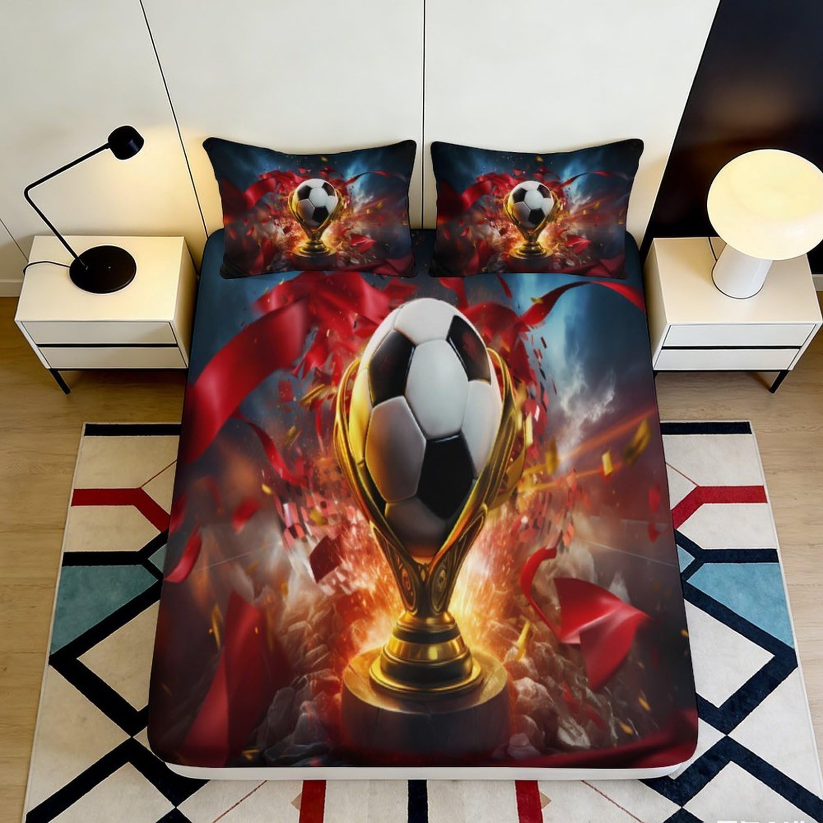 3D Printed Soccer Trophy Fitted Sheet Microfiber Soft Anti-Slip Fire Ribbon Bed Cover for Bedroom Dorm Mattress Decor 90x200x25cm