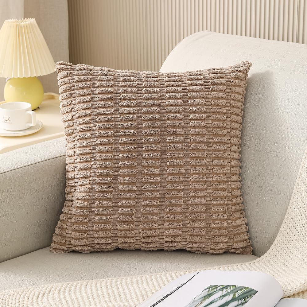 Vparty1Pcs Soft Corduroy Decorative Throw Pillow Covers Square Striped Pillowcases Home Decor Cushion Covers 45x45cm for Sofa Patio Farmhouse Bedroom Living Room Couch Bed (KHAKHI), sl2436