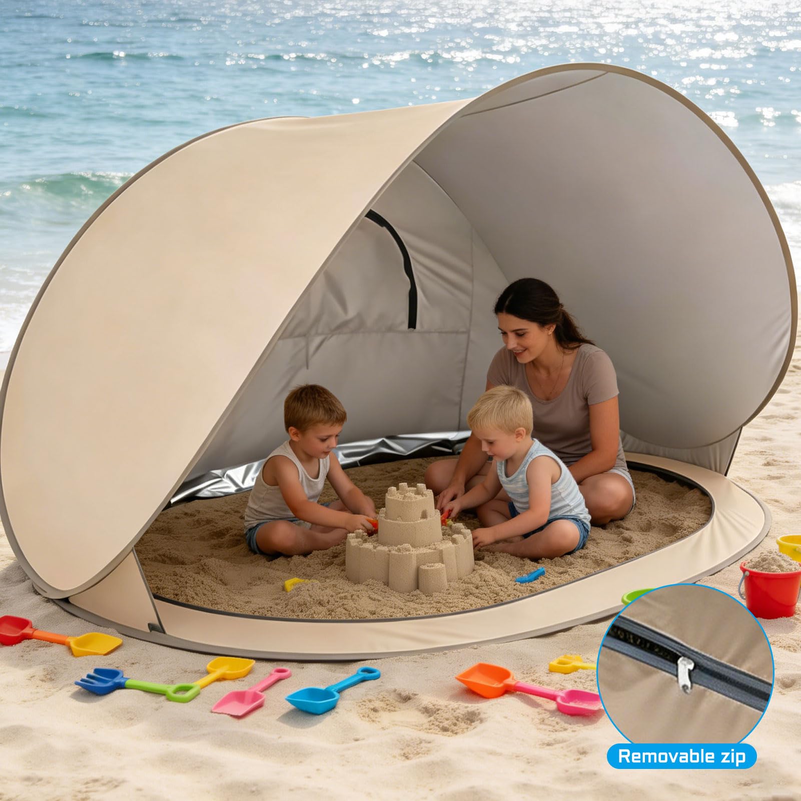 Pop-Up Zelt Strandmuschel mit UV-Schutz 40+, 200 * 120 * 100cm Pop Up Strandmuschel mit 6 Haken, 3-4 Personen Strandzelt, Windschutz Sonnenschutz Strand, UV Strand Zelt für Camping Strand