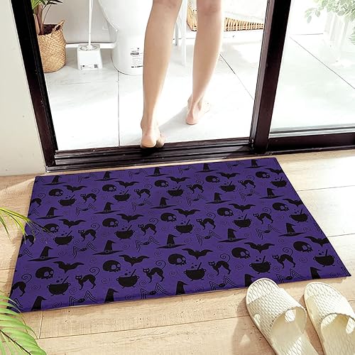 Miniatura 4 de Alfombra de baño de 16 x 24 pulgadas absorbente lanuda para el baño feliz Halloween sombrero de bruja de gato negro calavera murciélago araña