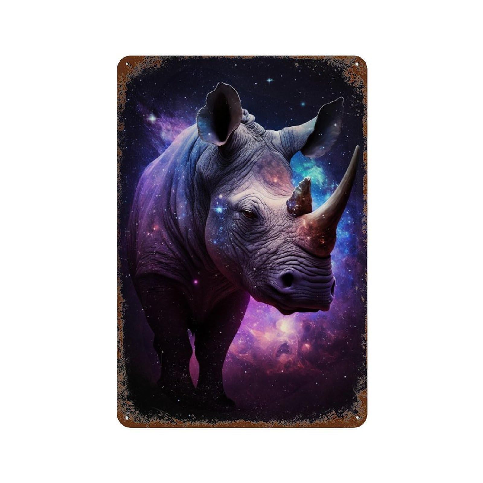 Galactic Rhino Art Print-1 Rustic Tin Plaque 11.8"x7.9", for Shed, Workshop And Garage Wall Decor, Farmhouse Wall Decor