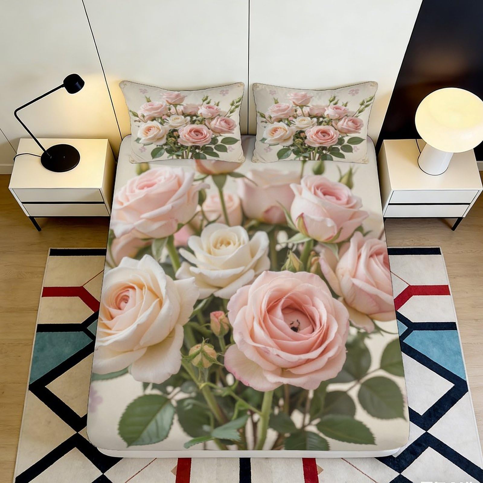 3D Printed Pink Rose Blossom Fitted Sheet Microfiber Soft Mattress Cover for Bedroom Dorm Decor, Easy Care 200x200x25cm