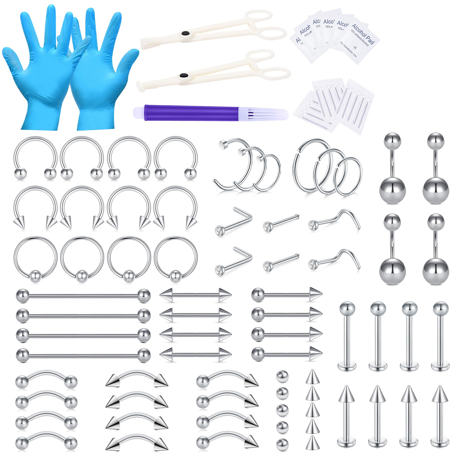WillTen 100 szt. Zestawy do piercingu do wszystkich piercingu, 12G 14G 16G Piercing Igły Narzędzia do nosa Septo Pępek Usta Język Chrząstka Ucho Tragus Helix Piercing z Piercing Jewelries, klein