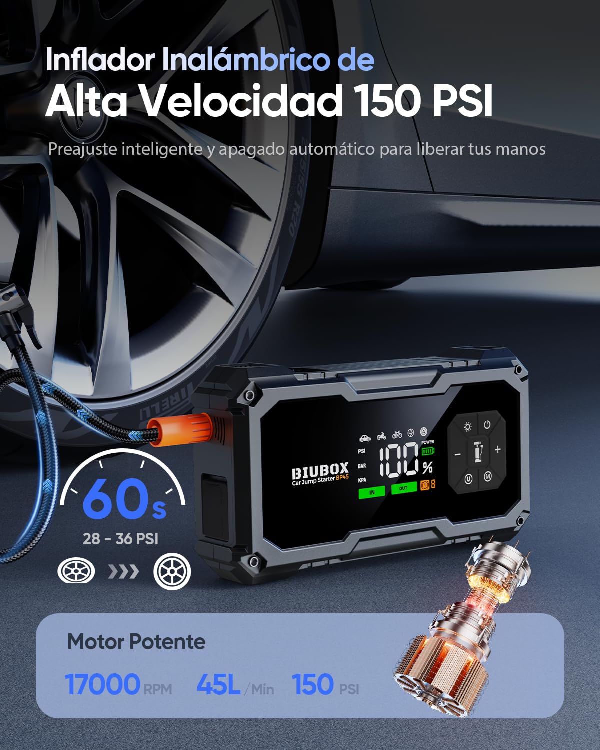 Arrancador de Baterías de Coche con Compresor de Aire 150PSI, 8500A BiuBox Arrancador de Coches Portatil (para Toda Gasolina o 9L Diesel), Booster Batería de 12V Jump Starter con Luz LED 500lm