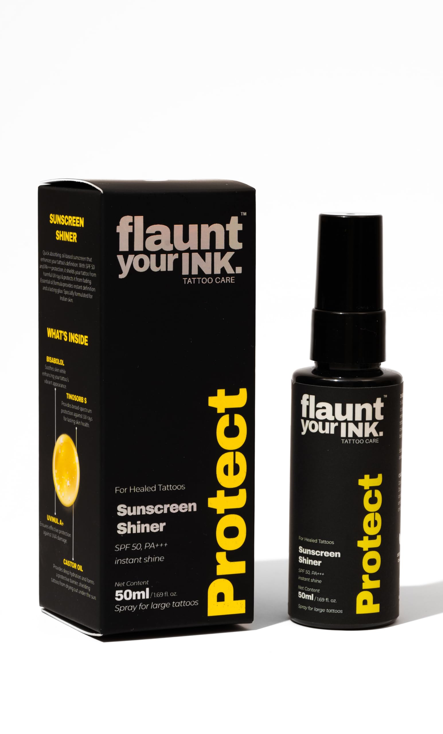 Flaunt Your Ink Tattoo Shiner with SPF 50 PA+++ | UV Protection for Tattooed Skin | Lightweight Sunscreen Spray with Vitamin E & Bisabolol | Enhances Ink & Prevents from Tattoo Fading | 50ml (Pack of 1)