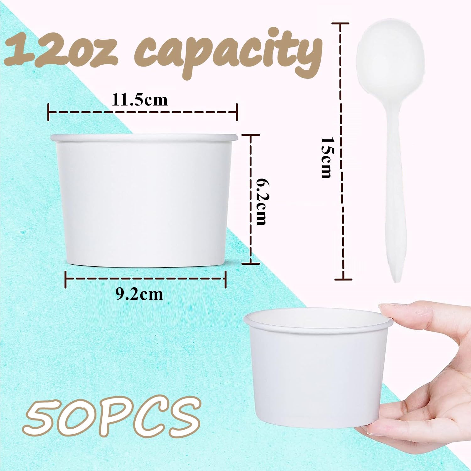 LATERN 50 Pezzi Coppe Gelato di Carta con 50 Pezzi Cucchiai , 12 Once /360ml Ciotole di Carta Usa e Getta per Cibi Caldi e Freddi Zuppa Gelato Dessert Yogurt (Bianco)