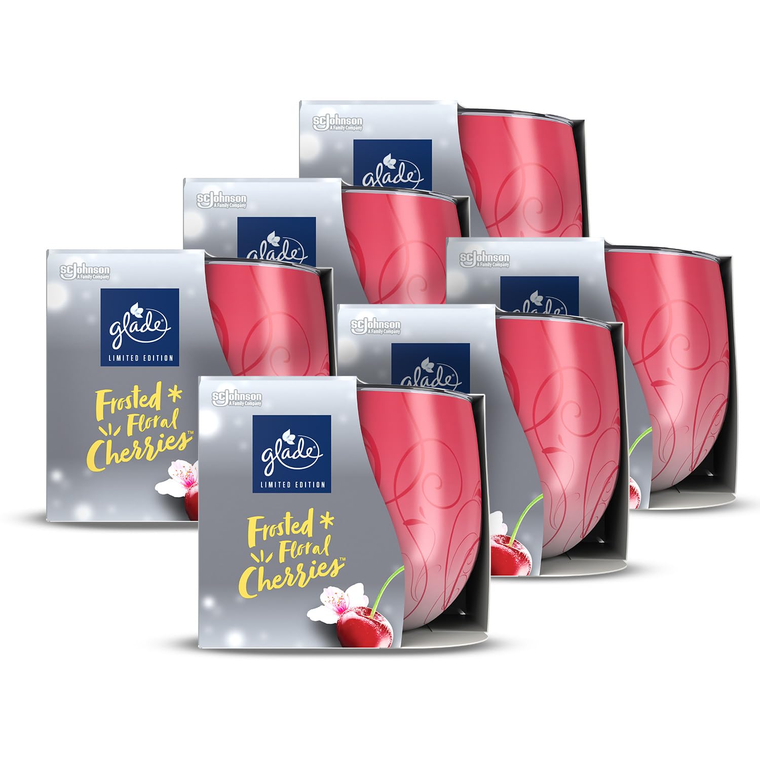 Glade Jar Candle, Scented Candle Infused with Essential Oils, Up to 29 Hour Burn Time, Frosted Floral Cherries, Pack of 6 (6 x 120g)