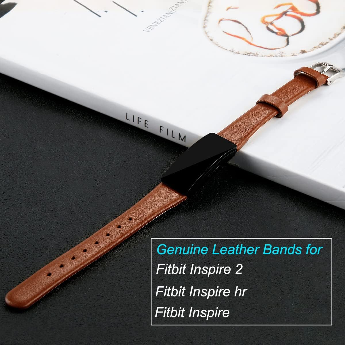 OCEBEEC Compatible for Fitbit Inspire 2 / Inspire HR/Inspire Bands for Women Men, Genuine Leather Slim Soft Strap Wristbands Accessories Replacement for Fitbit Inspire Fitness Tracker(Brown)