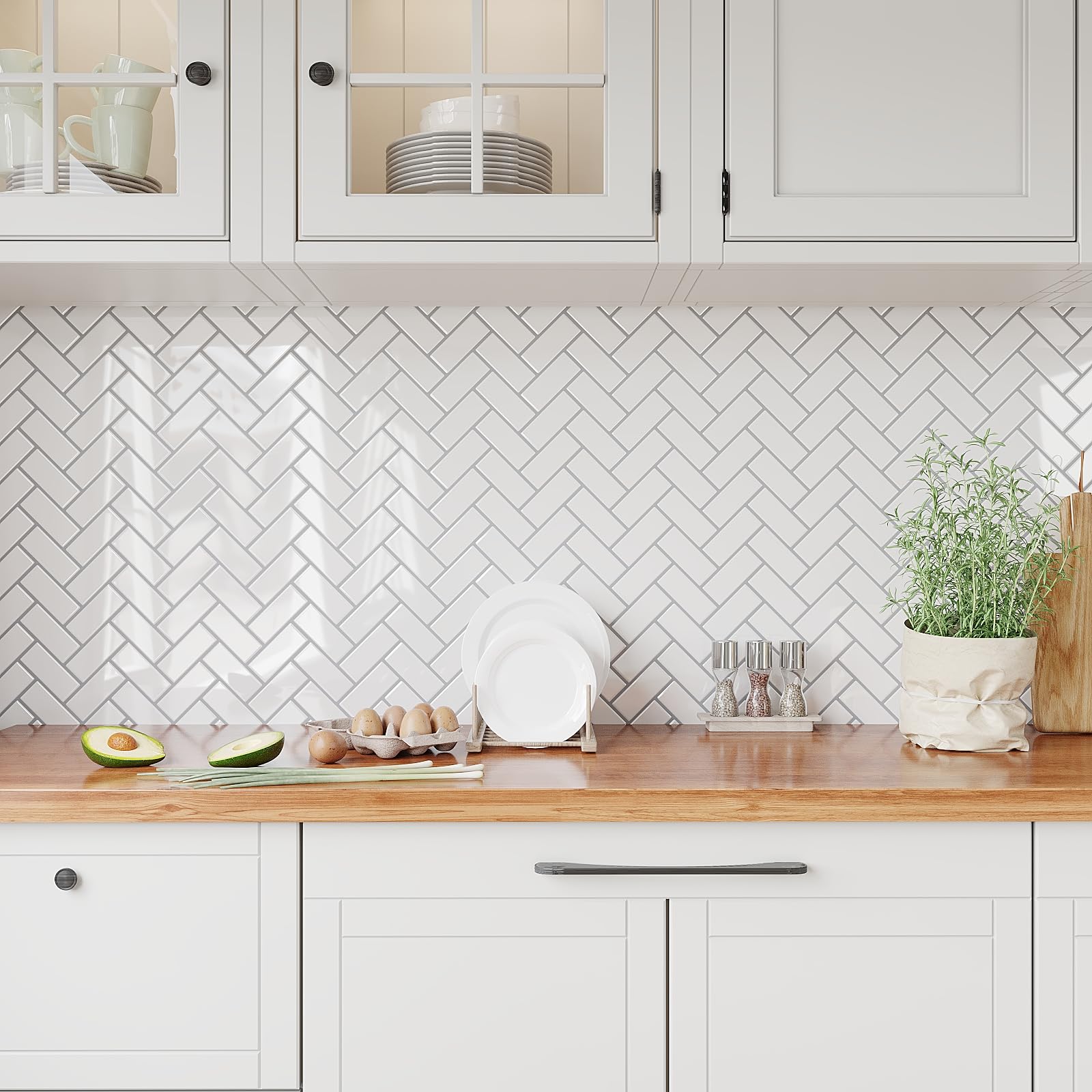 VEELIKE Azulejos Adhesivos Baño Espiga Blanco 3D Baldosas Adhesivas Pared Cocina Impermeable Vinilos Baño Azulejos Blanco Brillante Vinilo Cocina Pared Azulejo 30.5 cm × 30.5 cm 24 Piezas
