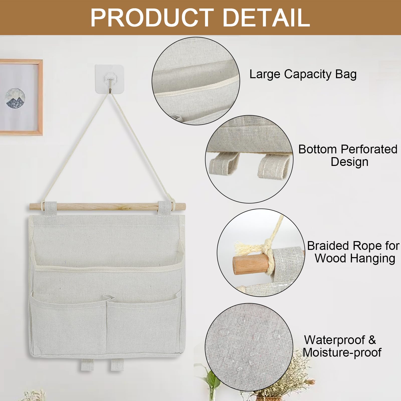 GOWTX 2Pcs Wall Hanging Storage Bag, Linen Fabric Hanging Storage, High Capacity Hanging Storage Bag with Pockets - Image 3