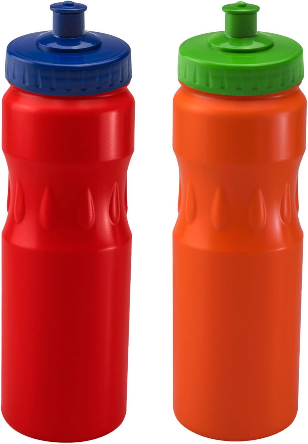 750ml Squeeze Water Sports Bottle, BPA-Free with Leakproof Sports Push Pull Lid, Ergonomic Easy To Hold, Kids School, Cycling, Basketball. 2 Pack – Orange and Red