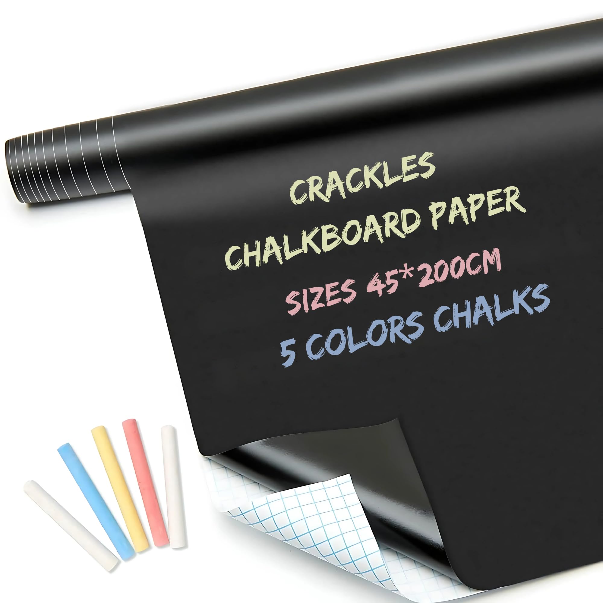Crackles 45x200 CM Re Usable Blackboard Sticker for Kids | Self Adhesive Blackboard for Home, School, Office | Includes 5 Colorful Chalks | Easy Install, Perfect for Creative Learning -Pack of 1