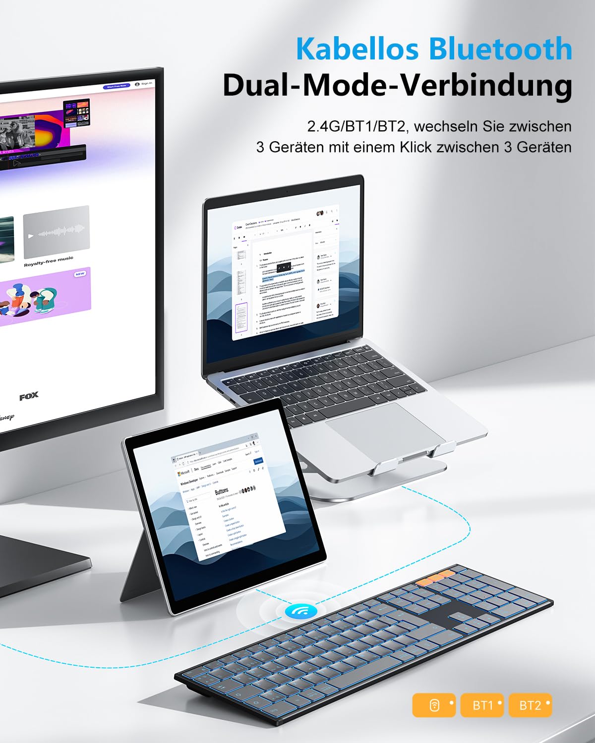 OMOTON Kabellose Tastatur Beleuchtet, Bluetooth + 2,4G, Graphit | Metallgehäuse, Wiederaufladbare, Multi-Device, Funktastatur Leise, Ergonomische, Deutsches QWERTZ Layout für Windows PC/MAC