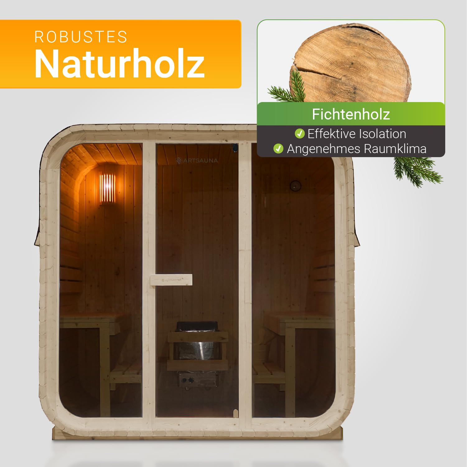 Artsauna Fasssauna Fjora Outdoor-Sauna Fichtenholz 6 Personen 9 kW Ofen LED-Beleuchtung Zubehörset