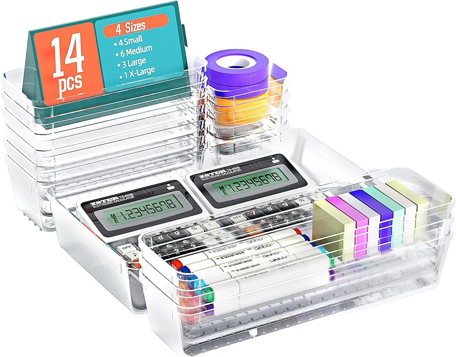 BREEZENEST Clear Makeup Drawer Organisers Set of 8/14, Transparent Desk Organiser Trays for Drawers, Multi-Size Plastic Divider Inserts for Cosmetics, Office Supplies, Cutlery & Accessories (14 pcs)