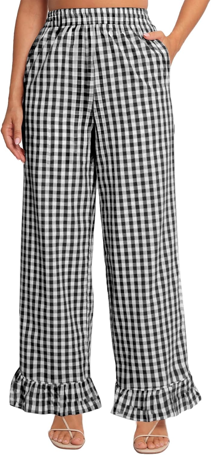 Flygo Women's Gingham Pants Y2K Cotton Wide Leg Ruffle Hem Lounge Pants Plaid Elastic Wasited Trouser with Pockets