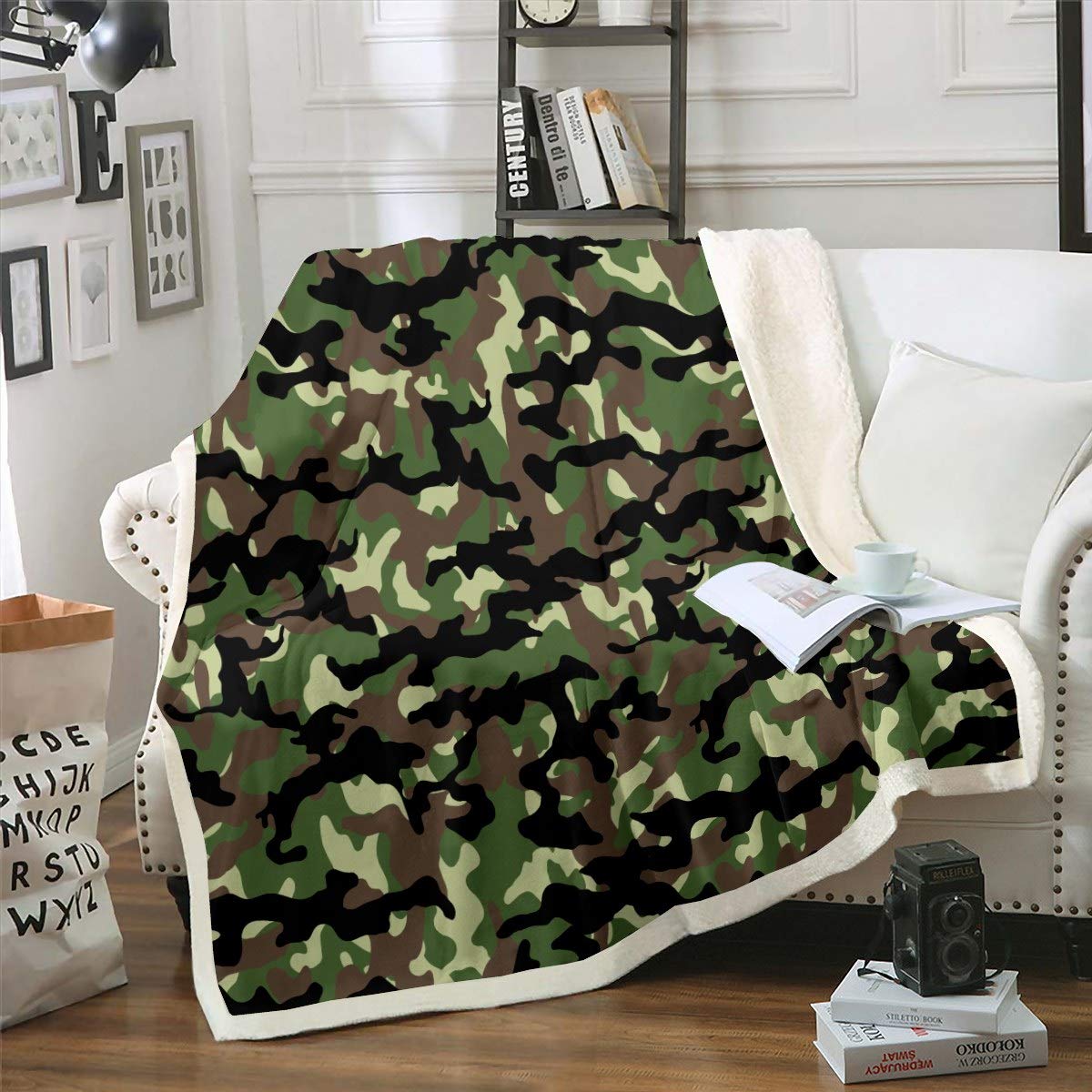 Camo Sherpa Blanket force Hidden Armygreen Fleece Throw Blanket Retro Camouflage Pattern Print Plush Blanket Modern Marble Texture Fuzzy Blanket for Sofa Bed Couch Baby 30x40 Inch