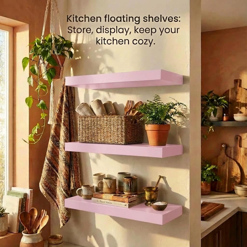 SAUMONIERES Juego de 3 estantes flotantes de pared de madera maciza para baño, dormitorio, cocina, estantes de pared rosados