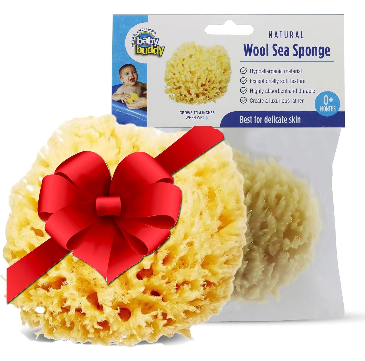 Baby Buddy Absorbent Natural Bath Sponge, Ultra Soft Premium Sea Wool Sponge, Soft on Baby's Tender Skin, Bath Accessories Baby and Kids, Infant Bath Item, Biodegradable, Hypoallergenic, Brown, 4in