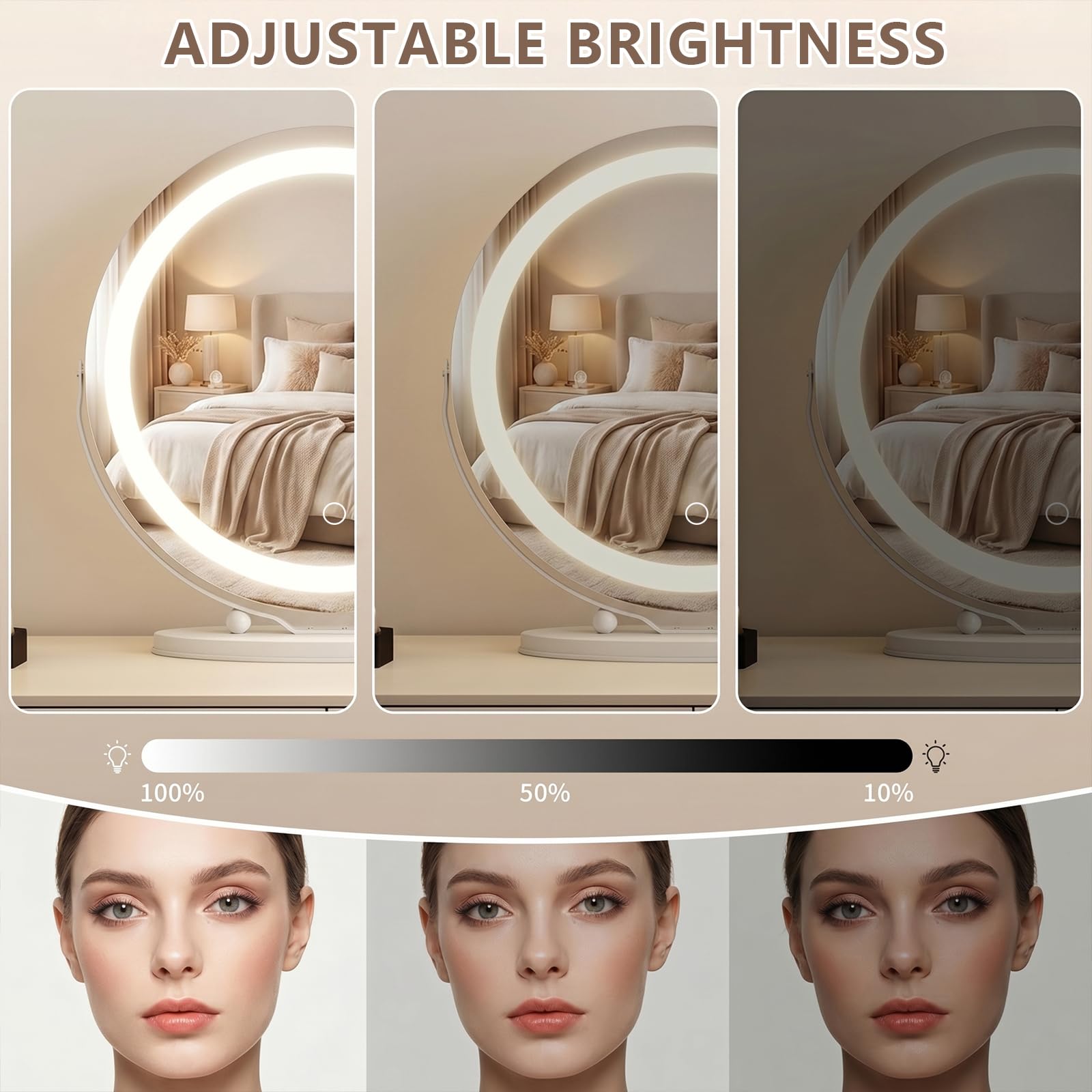 Miroir de courtoisie Hollywood avec lumières,Miroir de Maquillage Rond à Del de 48 cm avec 3 Modes d'éclairage, grossissement x10,contrôle Tactile,lumière à intensité Variable,Blanc