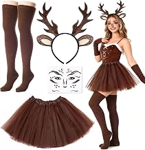Deer Costume for Women Girls Adult Reindeer Costume Headband with Deer Ears Face Tattoo Tulle Skirt Socks Animal Costume Carnival Halloween