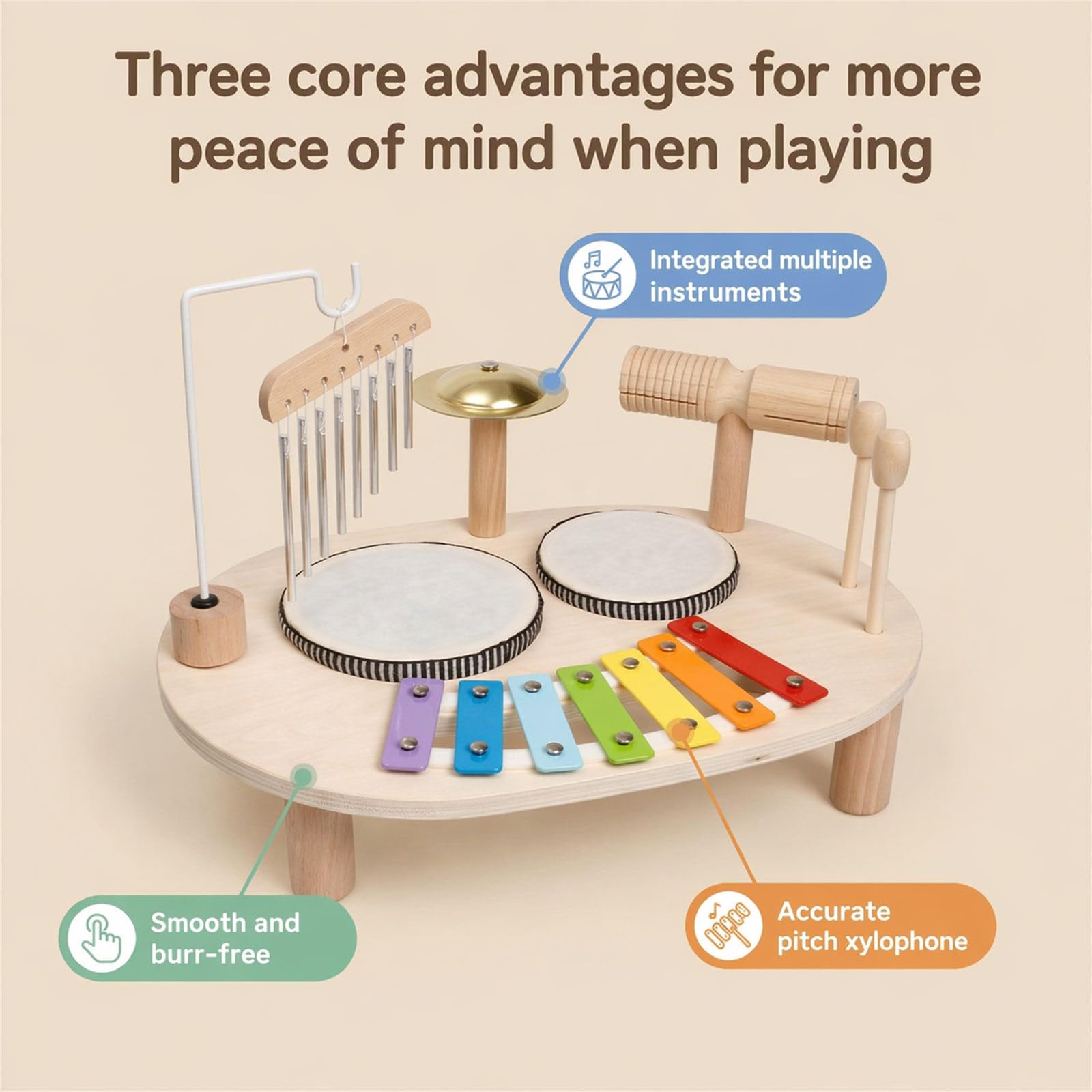 Musik Spieltisch mit Trommel und Xylophon, Percussion Set aus Holz für Familienrhythmus und Vorschulaktivitäten 3 Jahren für den täglichen Gebrauch zu Hause