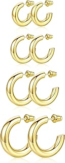 4 Pairs Hoop Earrings for Women, 14K Gold Chunky Open...