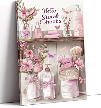 LYUNSHUO Bathroom Wall Art Pink Picture Butterfly with Flower in Bottles Canvas Prints Rustic Farmhouse Bathroom Toilet Wall Decor Framed Ready to Hang - 24.00"x36.00"