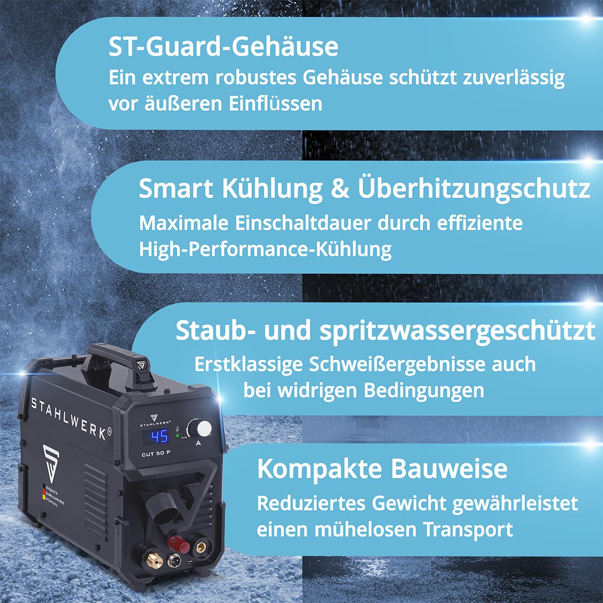 STAHLWERK Plasmaschneider CUT 50 P – Plasmaschneidgerät mit 15 bis 45 A, Schneidleistung bis 15 mm, Plasma Cutter mit HF-Pilotzündung, Smart-Kühlung, einfache Bedienung mit viel Zubehör