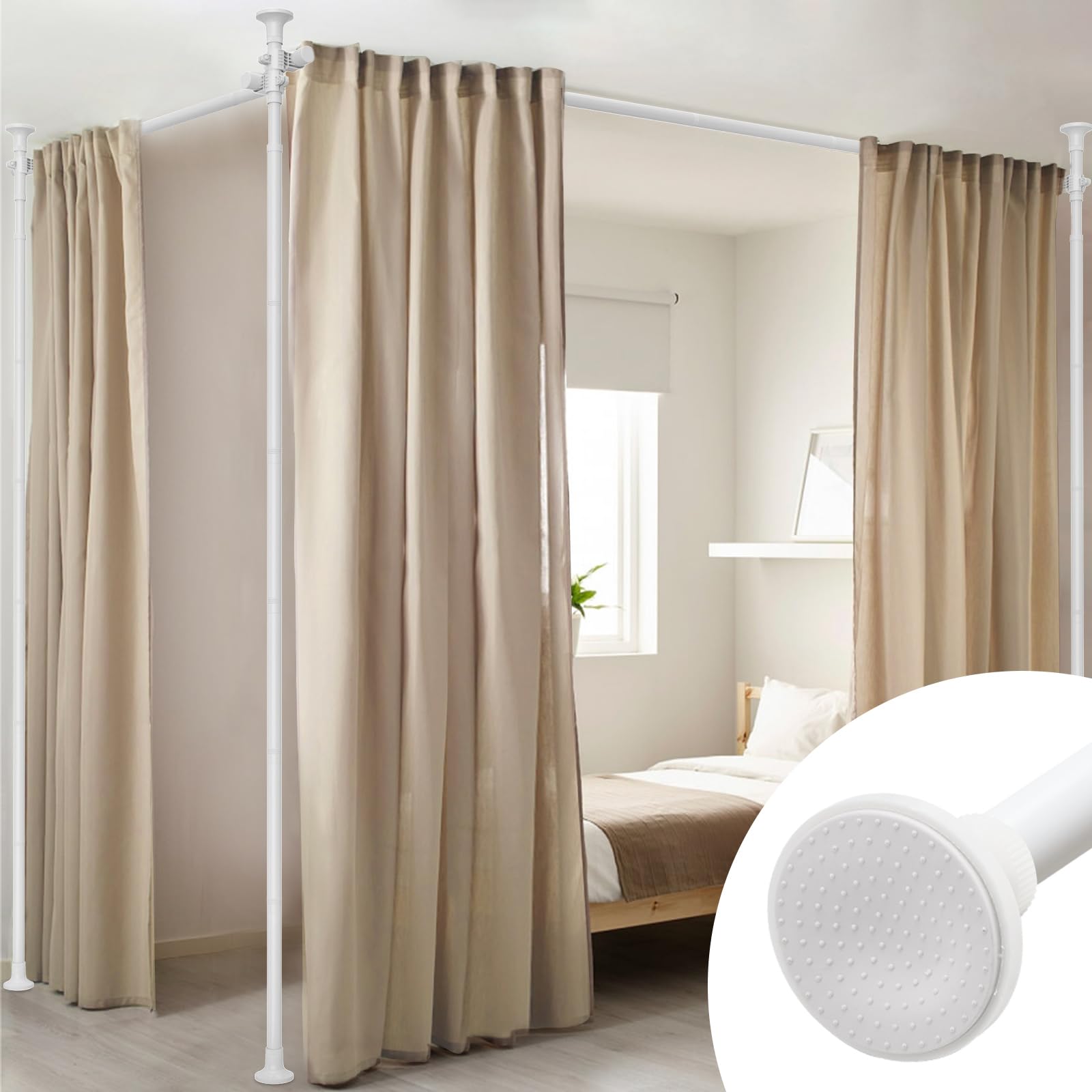 Room Divider, Curtain Rods No Drilling for Space Partitions, 4-10ft (H) 28-114 inch(W) Adjustable Heavy Duty Floor to Ceiling Tension Rods Wall Divider for Room Separation White-image-9