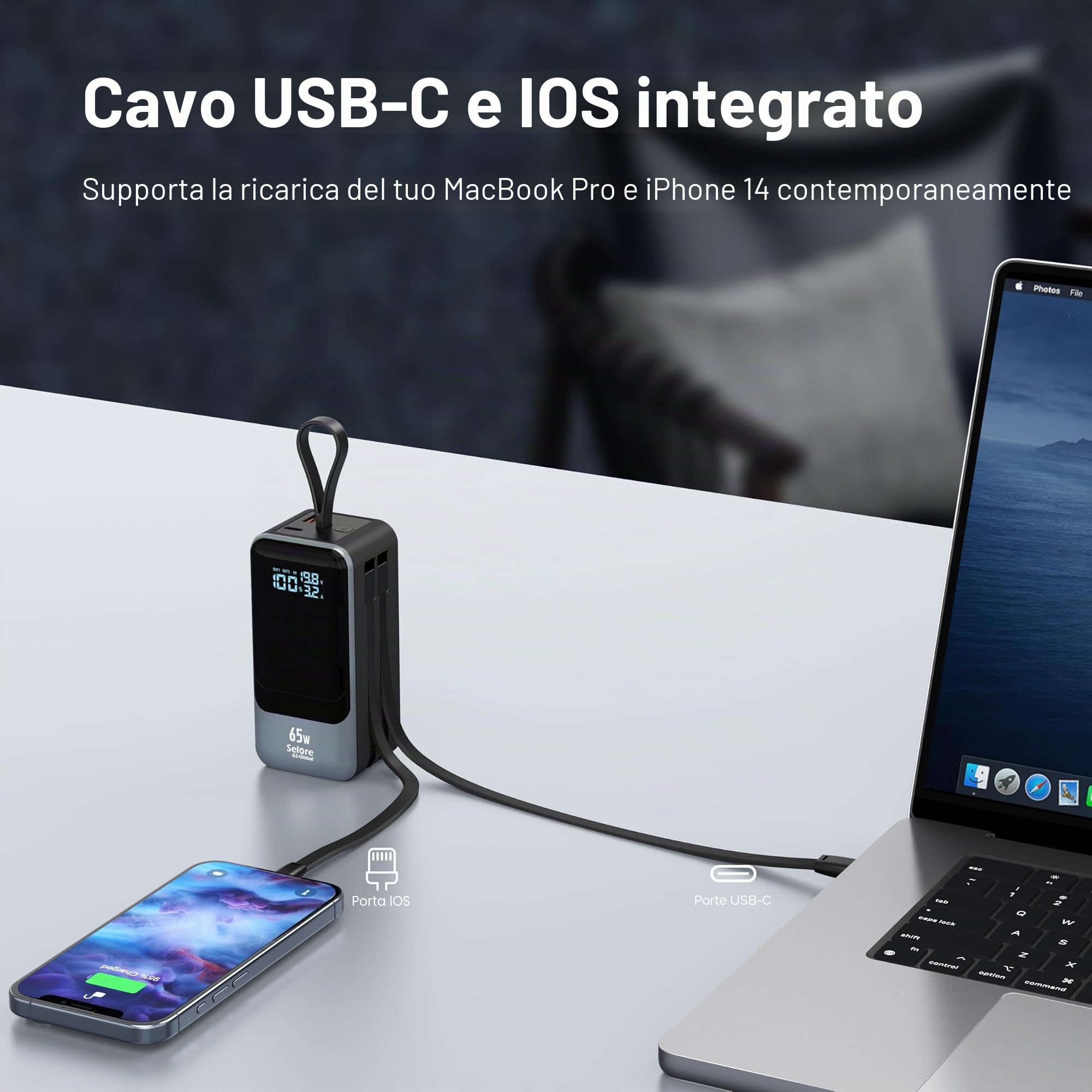 Selore&S-Global Power Bank, 65W Caricatore Portatile Ricarica Rapida, USB C Powerbank con Cavi Integrati, 4 Porte, Batteria Esterna per MacBook iPhone 17 16 15 14 Samsung Dell HP Steam Deck iPad Pro