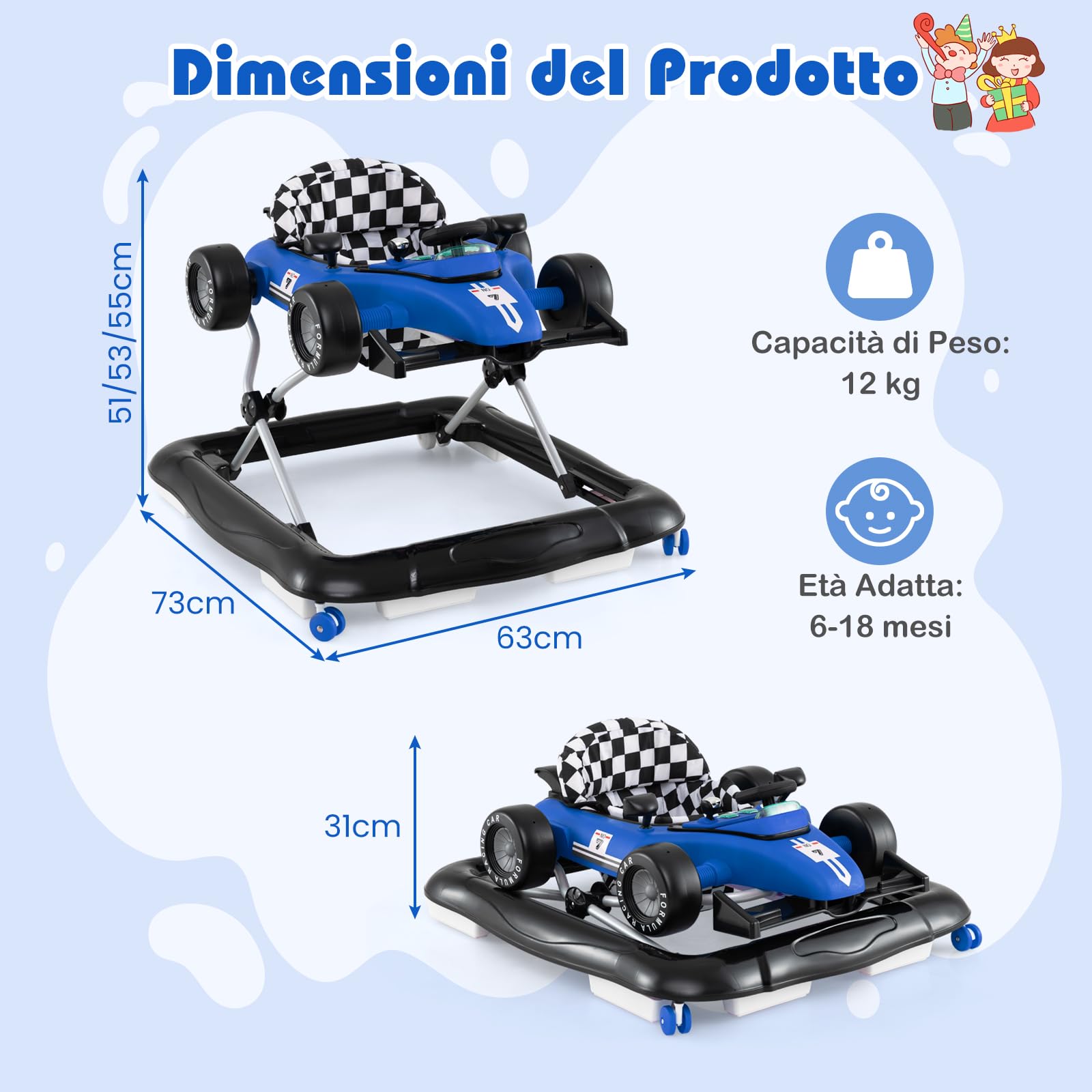 COSTWAY 4 in 1 Girello per Bambini, Altezza Regolabile a 3 Livelli, Passeggino per Bambini, con Volante Imbottito e Scatola Musicale, Portata 12 kg, per Bambini 6-18 Mesi (Blu)