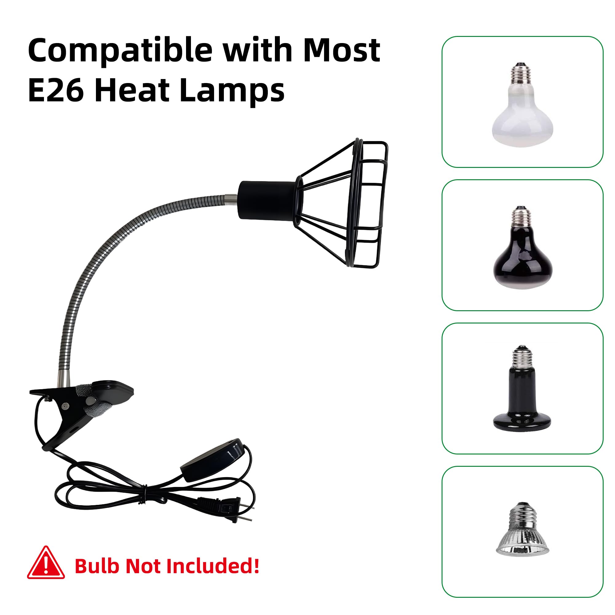 Reptile Heat Lamp Holder with Clamp, Ceramic Heat Emitter Fixture, Gooseneck for Terrarium, Lizard, Turtle, Bearded Dragon, 360-Degree Rotary Arm, High-Temperature Resistant, Maximum Load: 500W - image 4