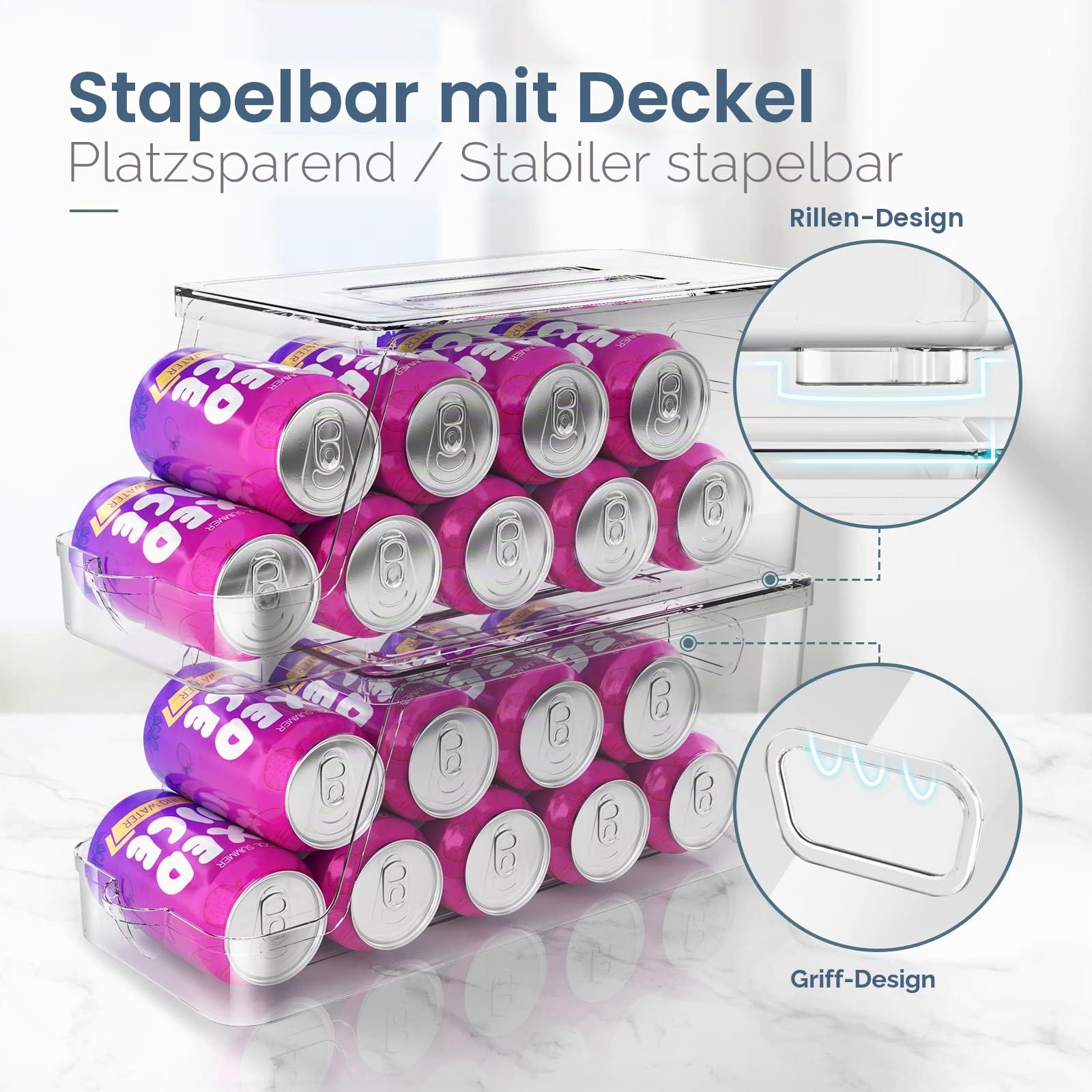 Soda-Dosenspender für Kühlschrank mit Deckel, stapelbarer Getränke-Organizer für Kühlschrank, transparenter Kunststoff-Kühlschrank-Organizer, Küche, Schränke 2er Set