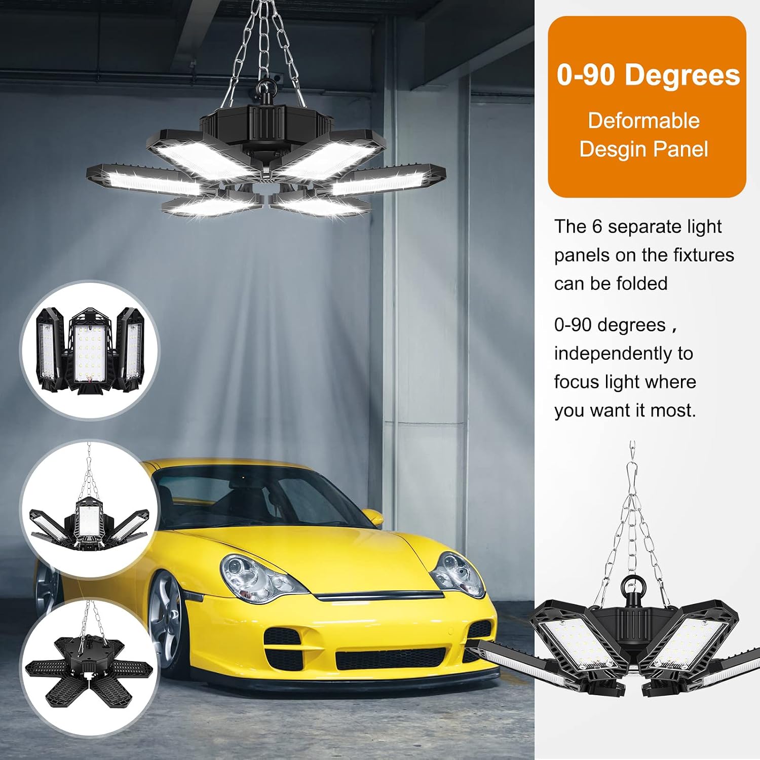 2-Pack Garage Light, 160W 16000LM-6500K Deformable LED Garage Light with Plug, Linkable Garage Lights Ceiling LED with 6 Adjustable Panels for Garage Basement Workshop Built-in ON/Off Switch