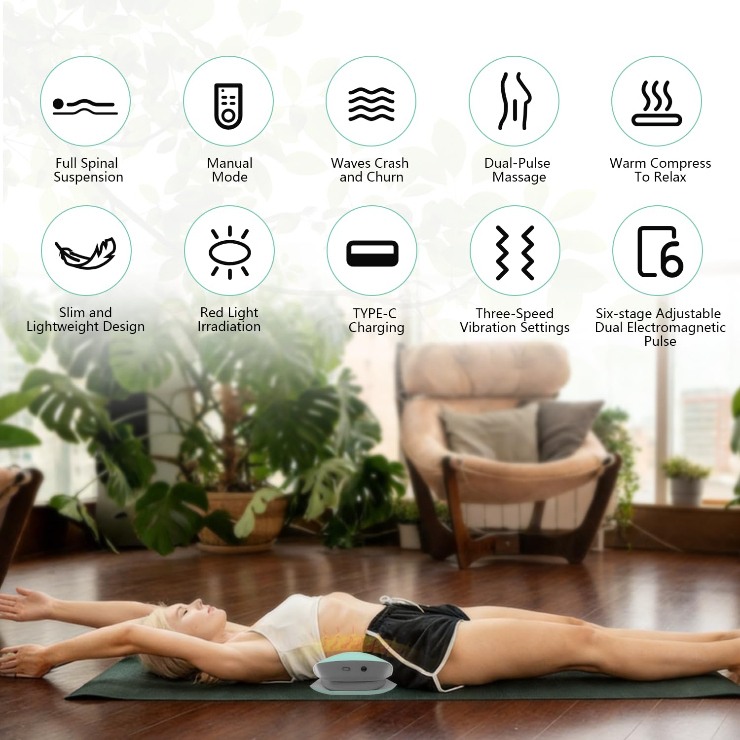 Massaggiatore per la Schiena 4 in 1, Apparecchio per Massaggio Lombare Senza Fili con Elettroterapia EMS, Impacchi Caldi, Vibrazione e Trazione con Airbag, Regolazione a 3 Livelli per uso Domestico