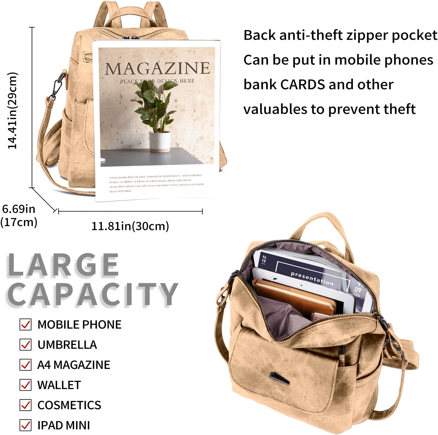 Backpack Purse for Women, PU Leather Backpack Purse, Fashion Travel Anti Theft Backpack, Multipurpose Lightweight Waterproof Convertible Purse Shoulder Bag Handbag, Kakhi