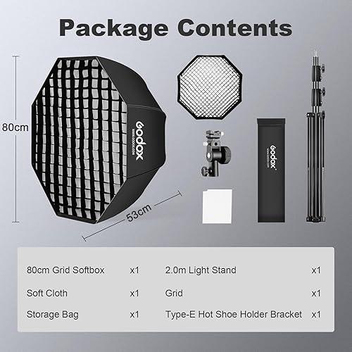 Miniatura 3 de Godox 31.5"  80cm Octobox Reflectante Paraguas Rejilla Softbox 6.6 ft Soporte de Luz Tipo E Soporte de Zapata Caliente Kit Compatible Octobox para