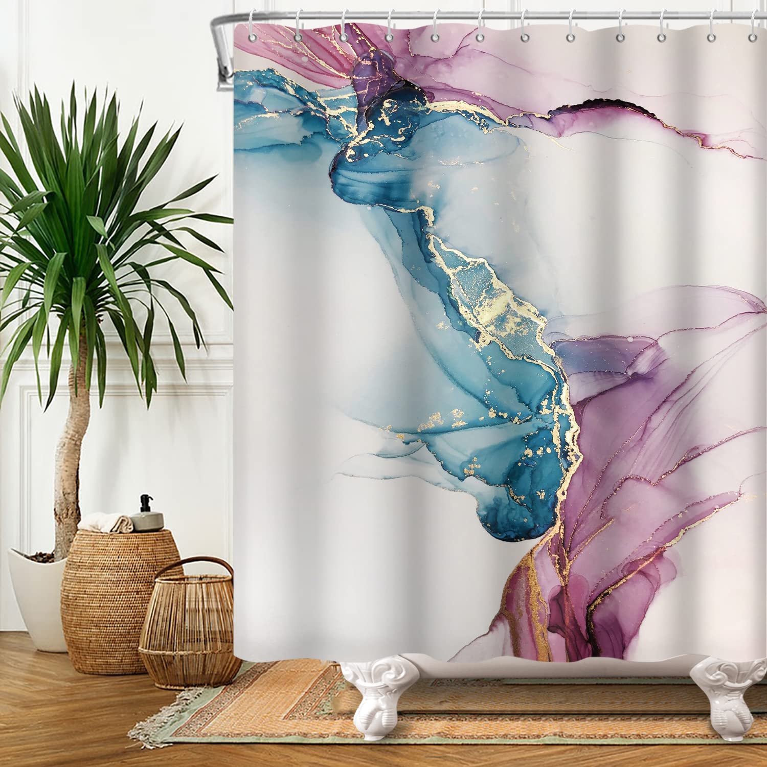 Bovlleetd Marble Bathroom Shower Curtain Modern Abstract Art Golden Ink Stripes Blue Purple Ombre Shower Curtain for Bathroom Waterproof Fabric Textured Shower Curtain set 12 Holes 72" Wx72 H