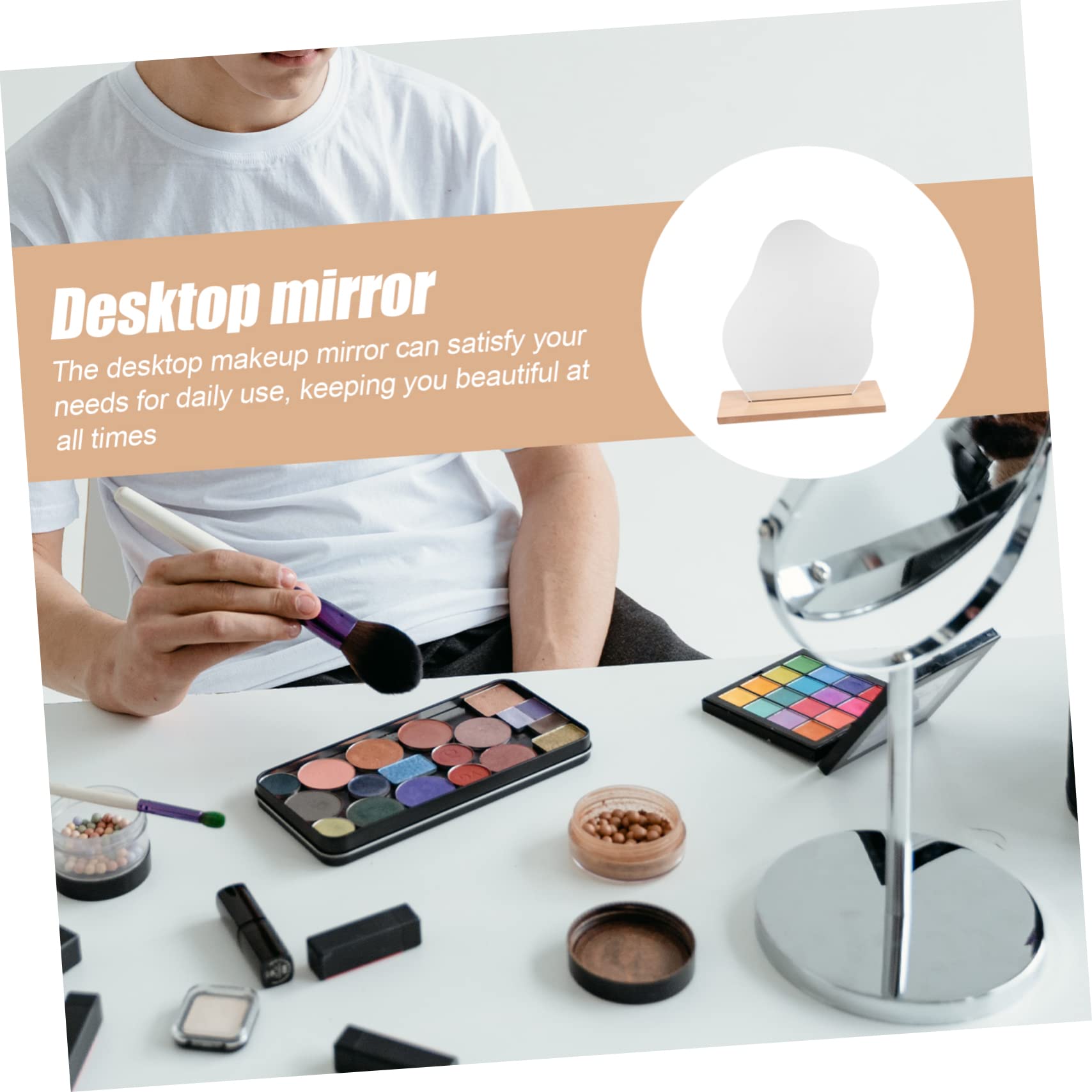 BIUDECO Irregular Aesthetic Tabletop Makeup Mirror with Wooden Stand Durable Lightweight Design for Bedroom Office Dressing Table High Definition Surface for Daily Use