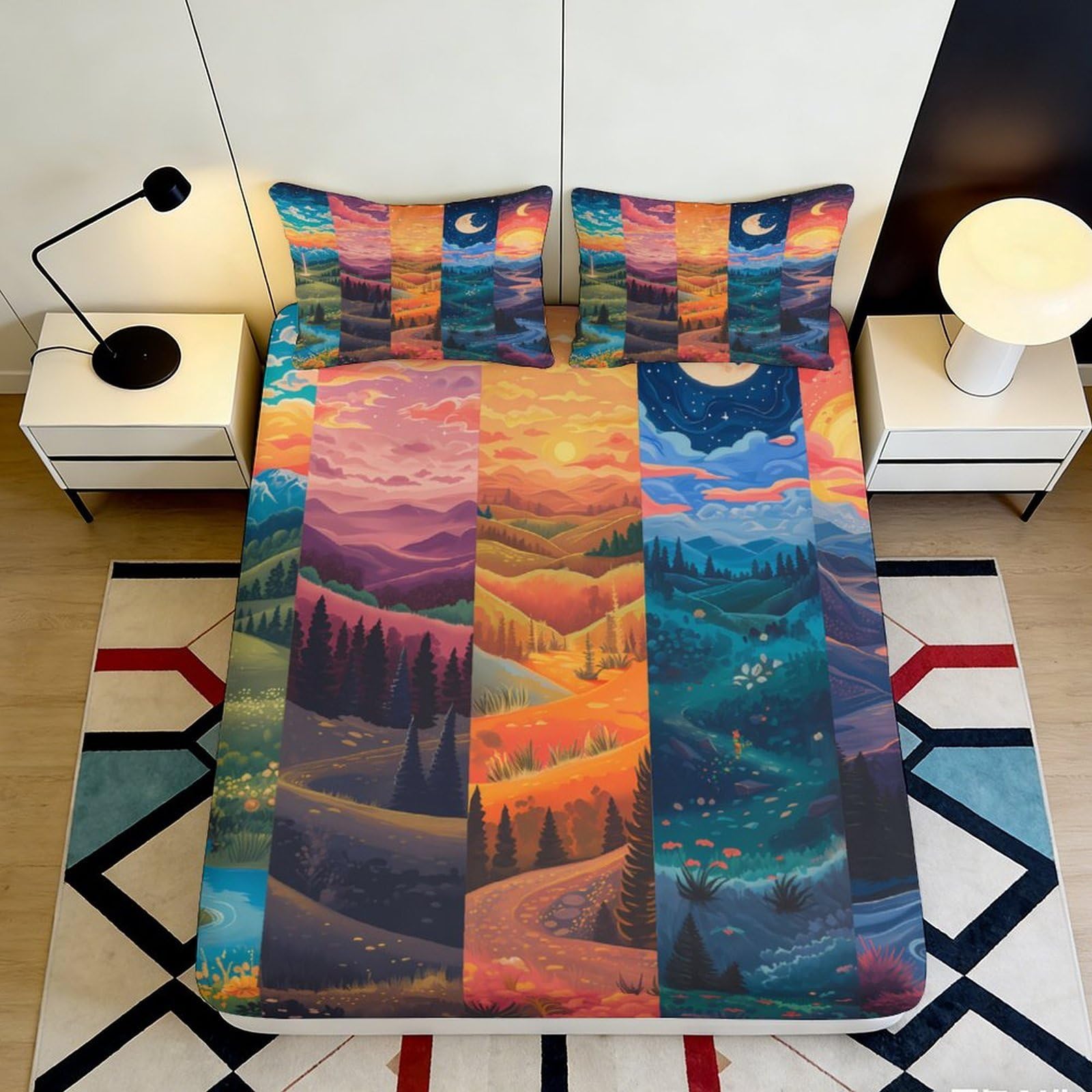 3D Printed Sunset Mountain Landscape Fitted Sheet Microfiber Colorful Forest Valley Bed Cover for Bedroom Dorm Décor 180x200x25cm