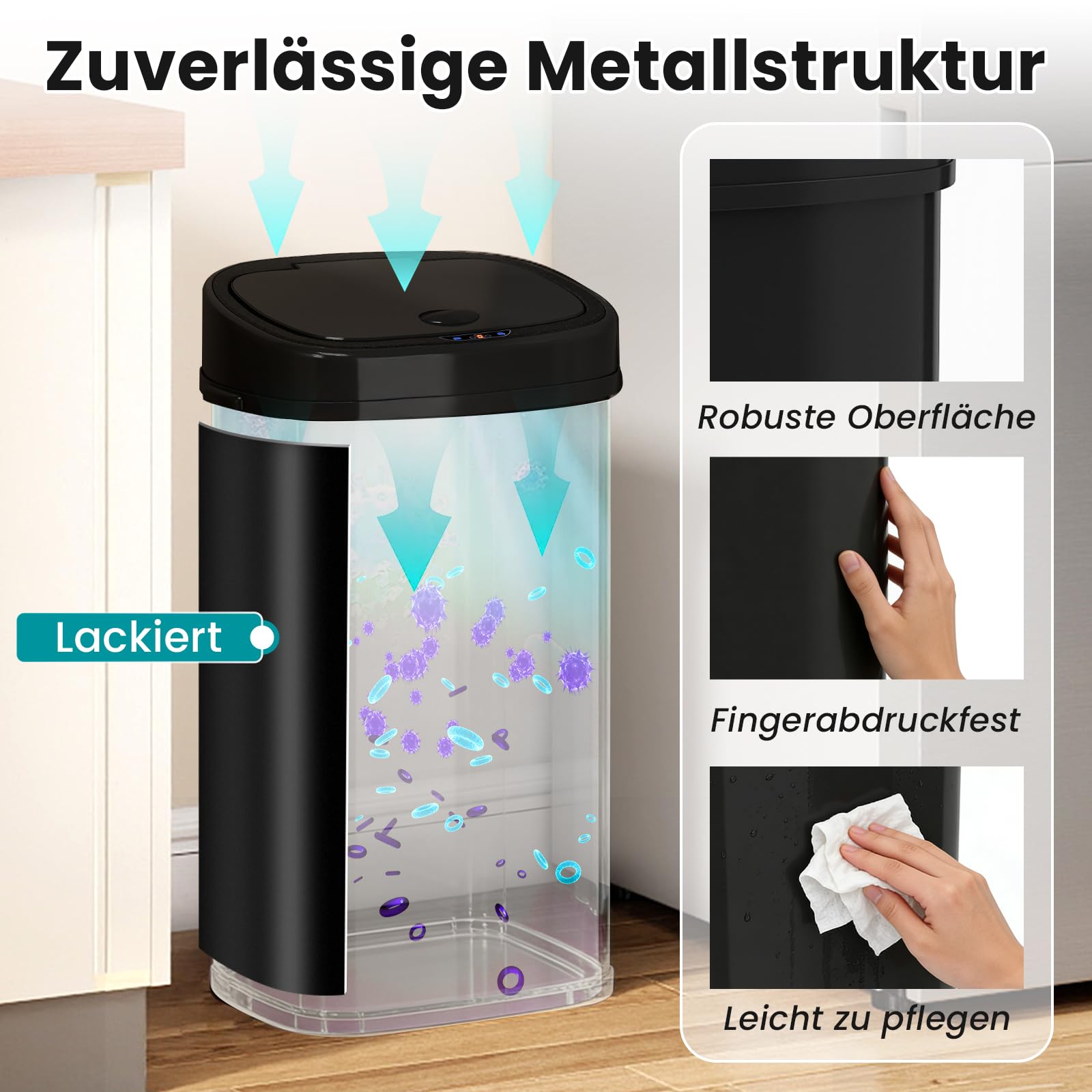 COSTWAY Mülleimer mit Sensor, 58L Abfalleimer Küche, 2 Fächer Mülltrennsystem für Recycling und Restmüll, automatischer Küchenabfalleimer mit Softclose-Deckel, schwarz