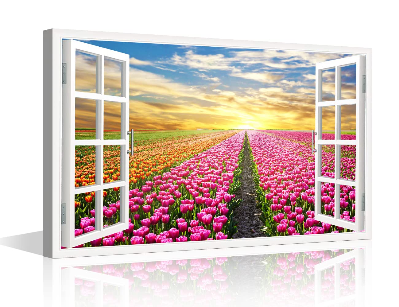 Wall Art for Living Room Window View Wall Paintings Pink Tulip Flower Field Pictures for Bedroom Canvas Wall Art Modern Natural Scenery Artwork Framed Ready to Hang Posters and Prints (36"W x 24"H) โ image 1