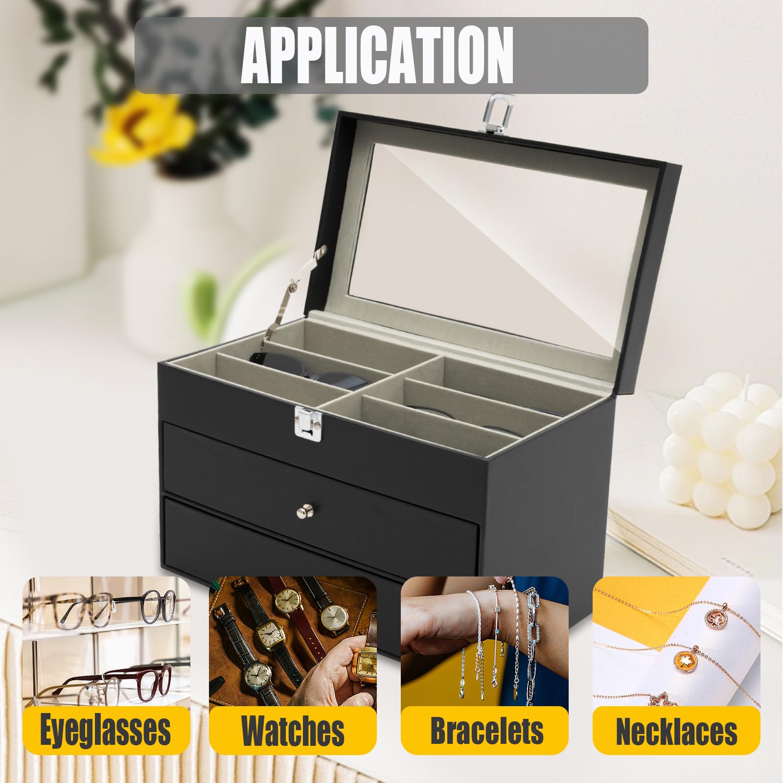 Uhrenbox, Display Uhren- und Sonnenbrillen-Schmuckbox, 12 Uhrenbox-Schmucketui und 12 Slots Sonnenbrillen-Organizer, Brillenetui Uhren- und Sonnenbrillen-Box für Herren Damen