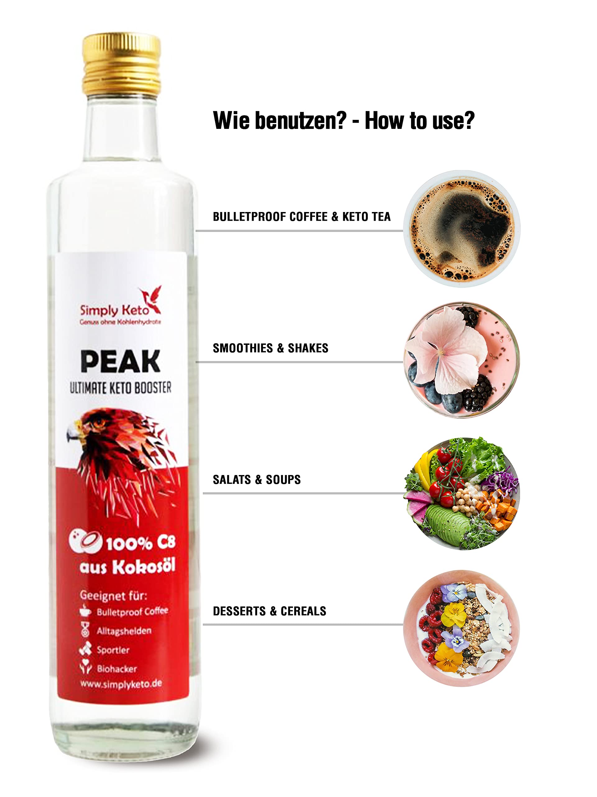 Simply Keto Peak C8 Öl - MCT Öl auf Kokosöl Basis - 100% Caprylsäure - Vegan & Palmölfrei - Geschmacksneutral - Optimal für ketogene Ernährung & Bulletproof Coffee - 5x500ml