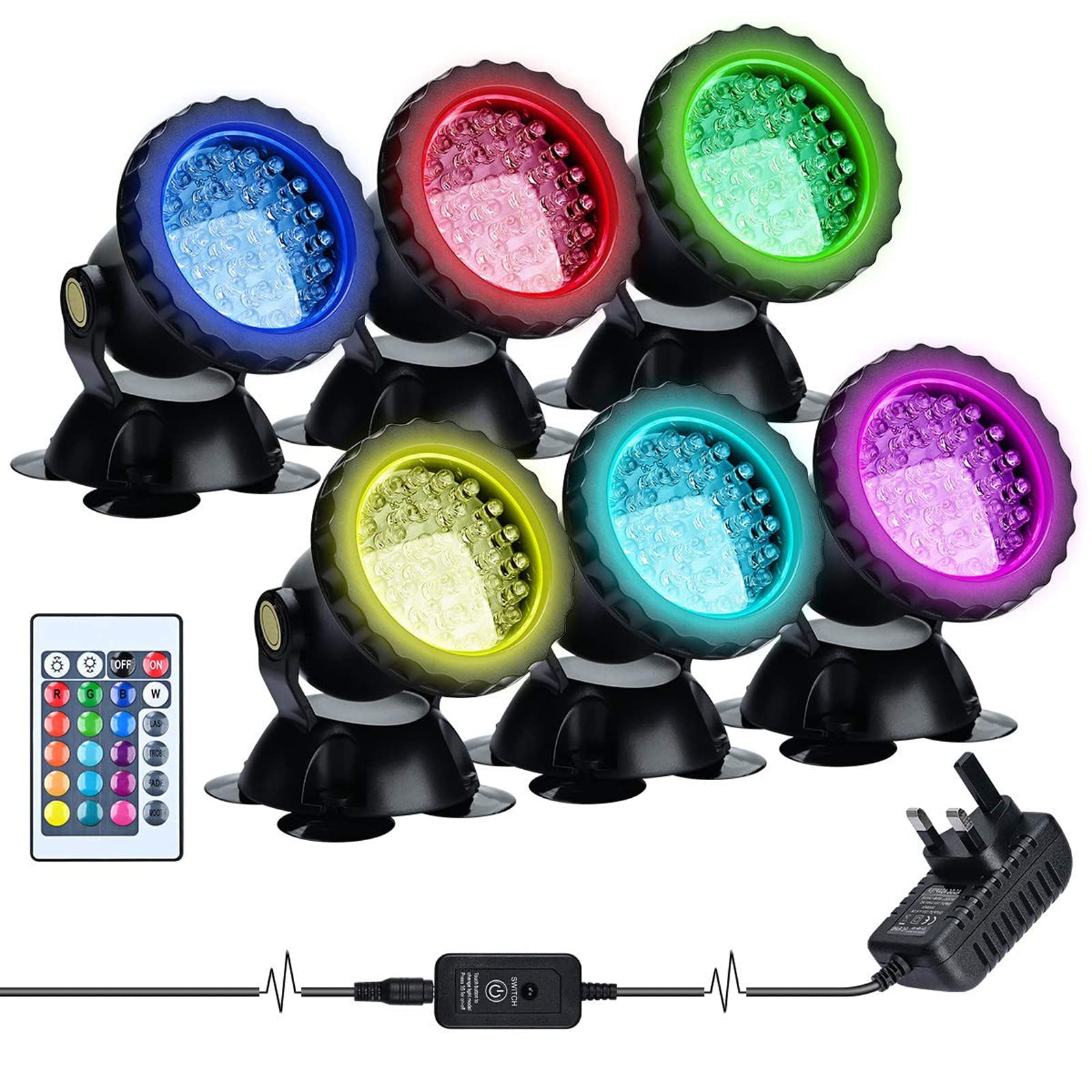 Lychee Luces Para Estanques con Control Remoto, LED RGB Proyectores Sumergibles para Exteriores Luces Subacuáticas Ajustables Color, para Estanques Acuario Jardín Piscina Fuente (6PCS)