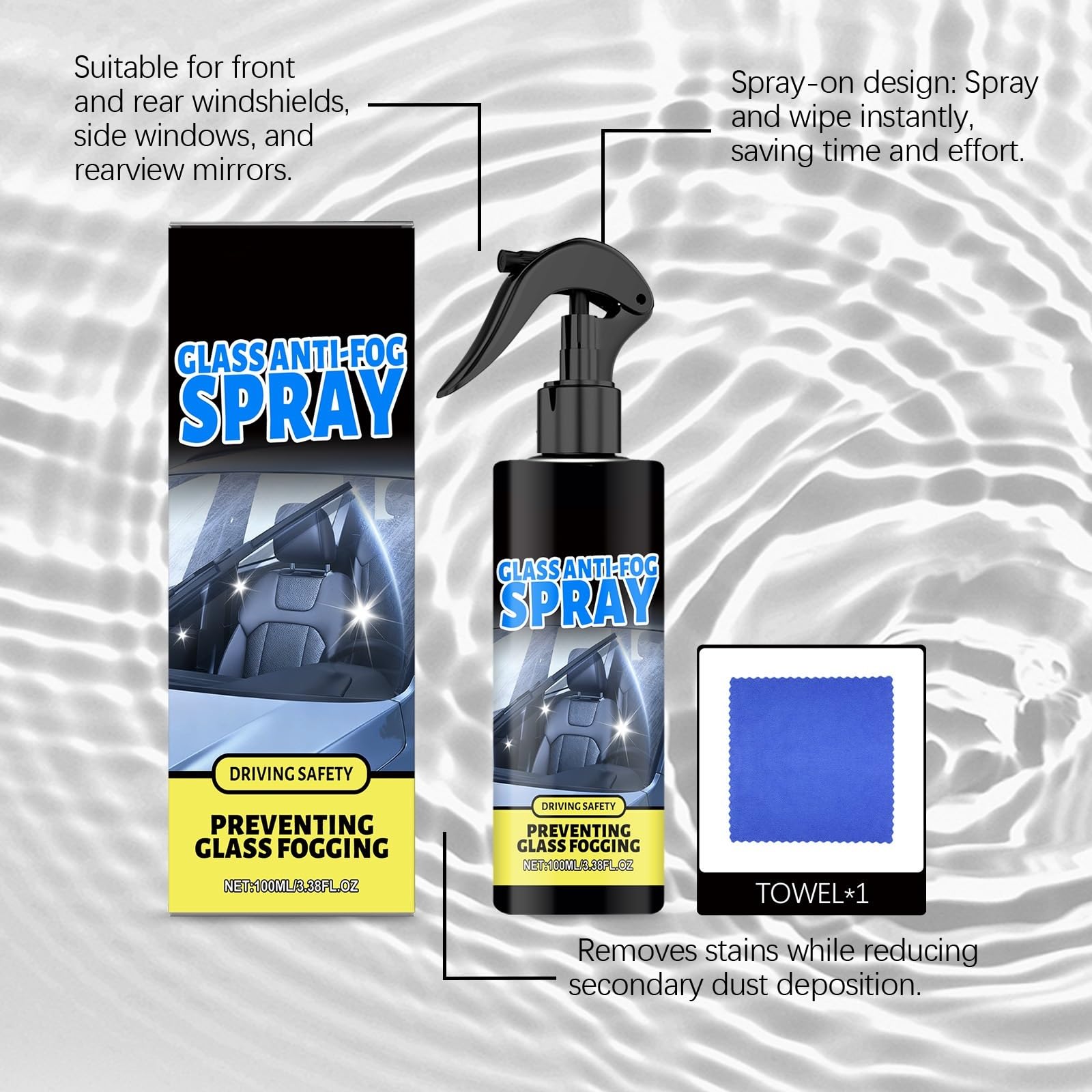 Spray przeciwmgielny do szyb samochodowych i szyb, wodoodporny spray odmgławiający dla wyraźnego widzenia, długotrwała hydrofobowa powłoka do szyb wewnętrznych/zewnętrznych, luster i (6 sztuk)